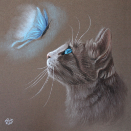 Tekening pastel kat met vlinder